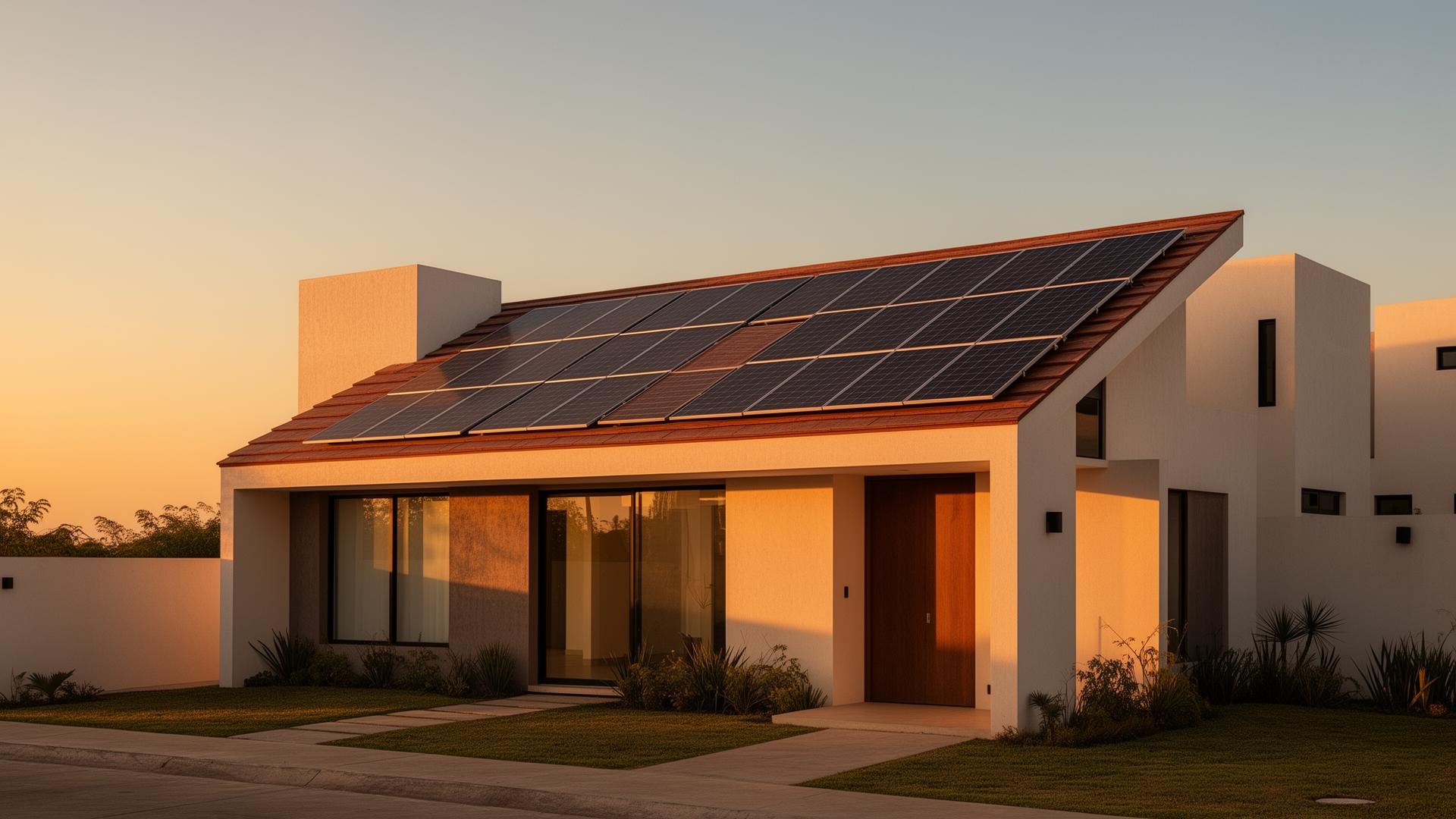 Casa residencial moderna en México con paneles solares al atardecer