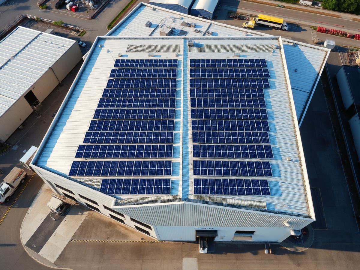 Nave industrial con paneles solares vista aérea
